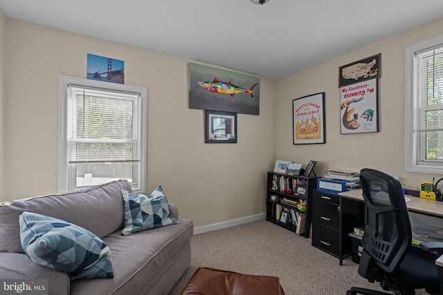 home office with carpet flooring and baseboards