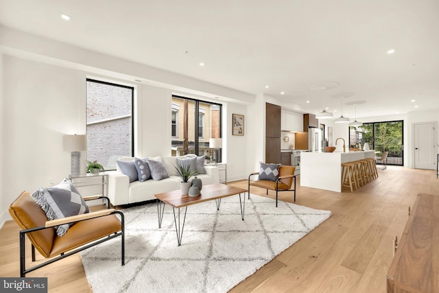 living room with sink and light hardwood / wood-style flooring