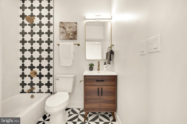 full bathroom with toilet, shower / bath combo with shower curtain, vanity, and tile patterned flooring