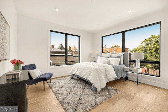 bedroom with light hardwood / wood-style flooring and multiple windows