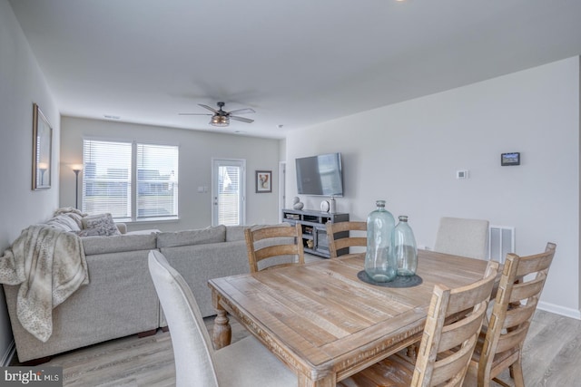 dining room featuring ceiling fan and light hardwood / wood-style flooring