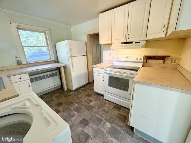 kitchen featuring washer / clothes dryer, radiator heating unit, white cabinets, and white appliances