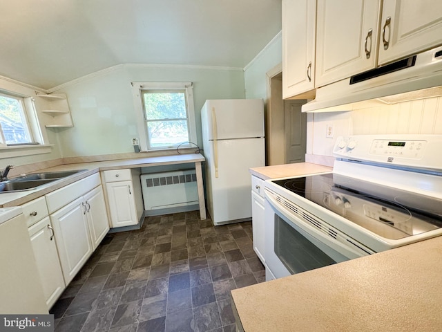 kitchen with white appliances, sink, radiator heating unit, white cabinetry, and vaulted ceiling