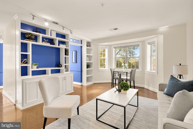 living room with track lighting and light hardwood / wood-style floors