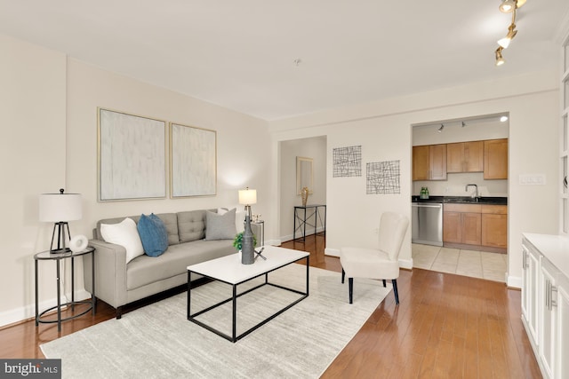 living room featuring track lighting, light hardwood / wood-style flooring, and sink