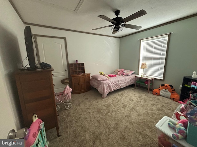 bedroom featuring a textured ceiling, crown molding, carpet flooring, and ceiling fan