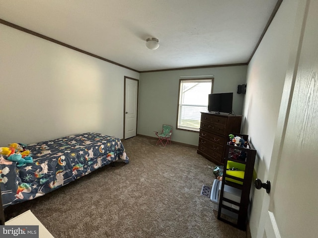 bedroom featuring carpet flooring and ornamental molding