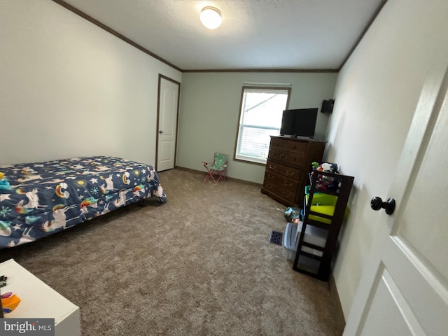 carpeted bedroom with crown molding, vaulted ceiling, and a textured ceiling