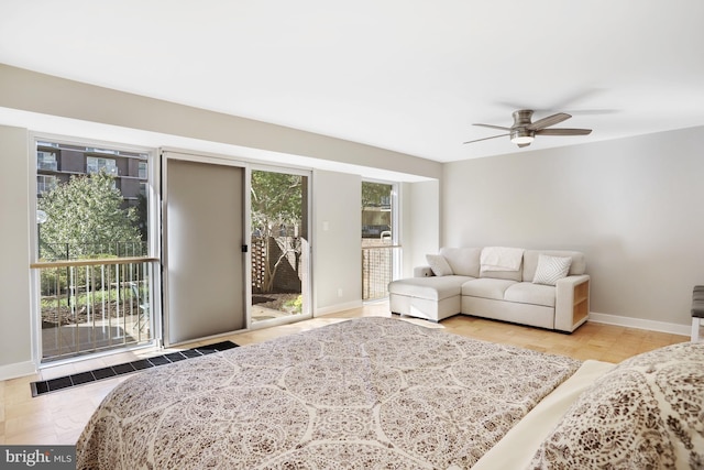 bedroom featuring access to outside and ceiling fan