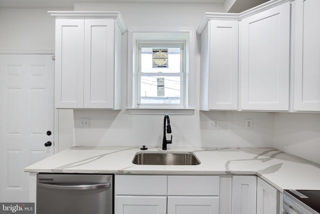 kitchen featuring light stone counters, sink, white cabinets, and appliances with stainless steel finishes