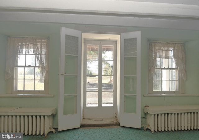 doorway to outside with radiator heating unit and carpet flooring