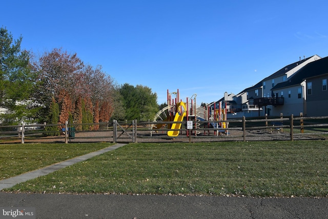 view of jungle gym with a yard