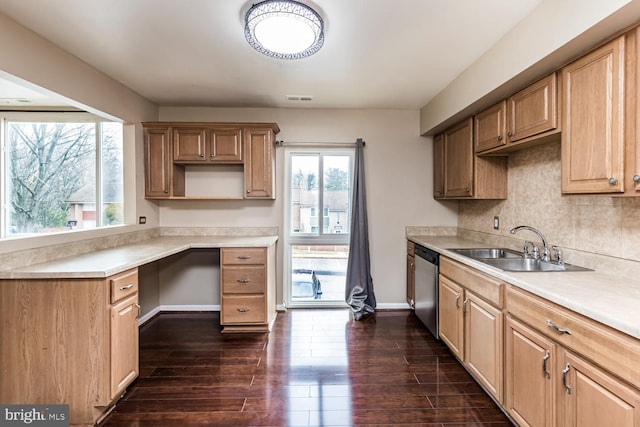 kitchen with dishwasher, decorative backsplash, dark hardwood / wood-style flooring, and sink