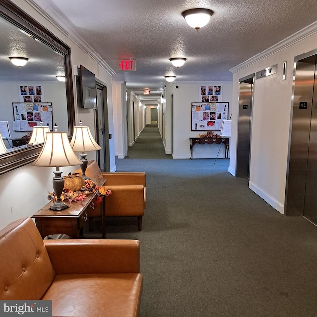 hall featuring crown molding, carpet floors, and a textured ceiling