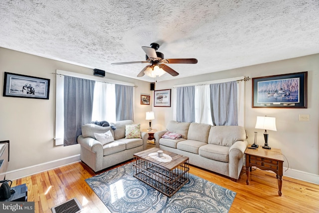 living room featuring ceiling fan, a textured ceiling, and light wood-type flooring