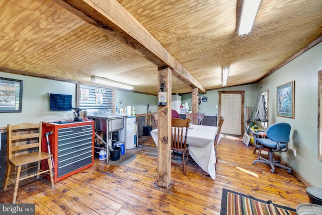 dining area featuring wood-type flooring and wood ceiling