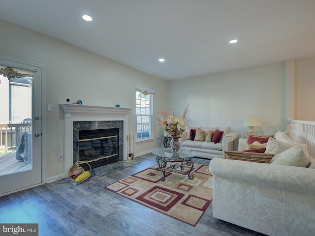 living room with hardwood / wood-style flooring and a high end fireplace