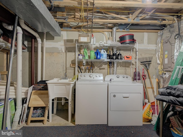 clothes washing area featuring electric panel and washer and clothes dryer