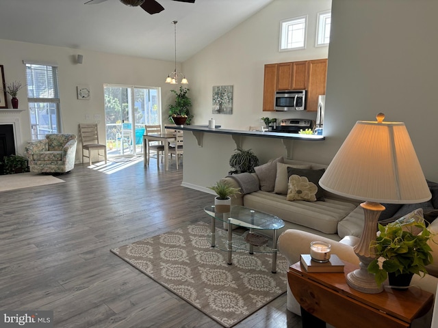 living room with ceiling fan with notable chandelier, high vaulted ceiling, and light hardwood / wood-style flooring