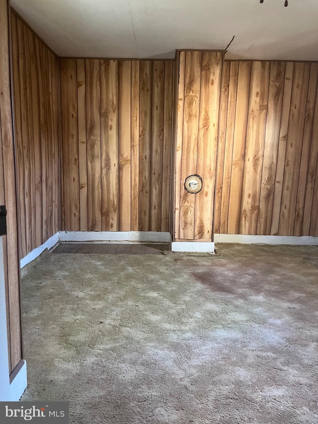 carpeted empty room featuring wood walls