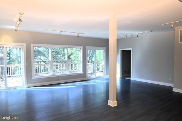 spare room with track lighting, plenty of natural light, and dark wood-type flooring