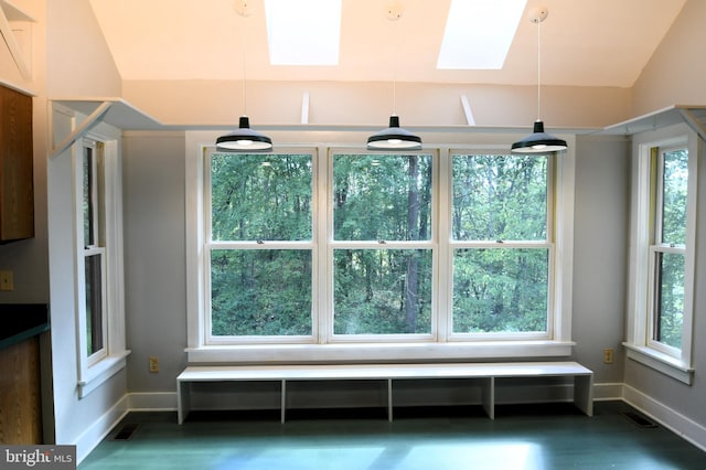 71 Fox Creek Ln, Woodville, VA 22749 - interior space with vaulted ceiling with skylight, baseboards, and visible vents