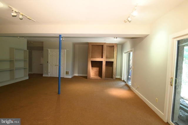 basement featuring carpet floors and rail lighting