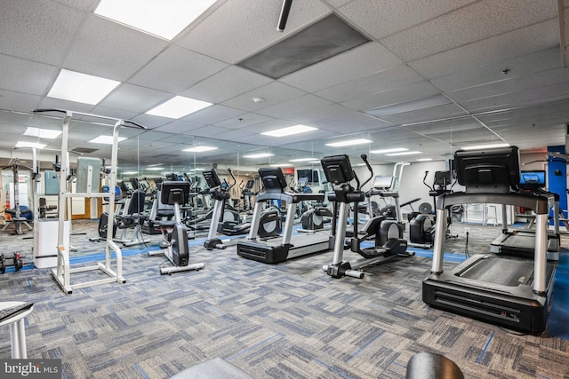 workout area with a drop ceiling and carpet flooring