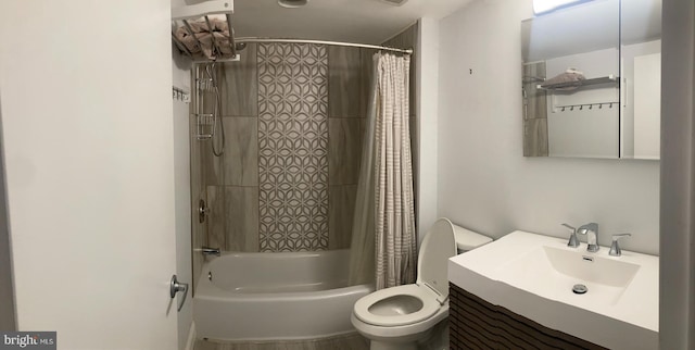 full bathroom with toilet, shower / bath combo with shower curtain, and vanity