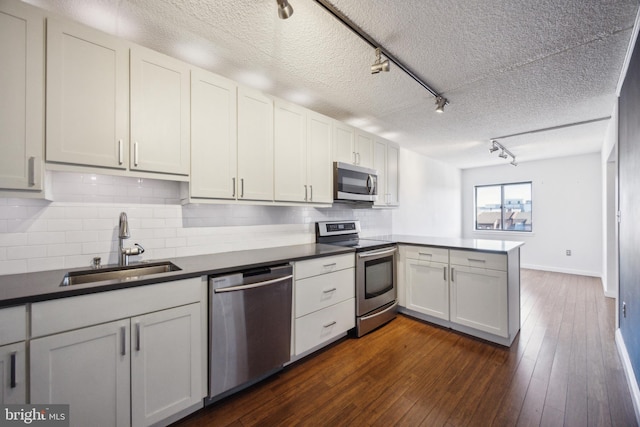 kitchen featuring a sink, a peninsula, stainless steel appliances, rail lighting, and backsplash