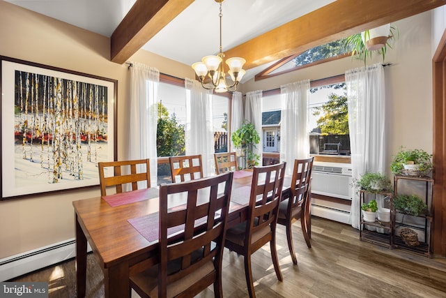 dining room featuring beam ceiling, hardwood / wood-style flooring, a wealth of natural light, and a baseboard heating unit