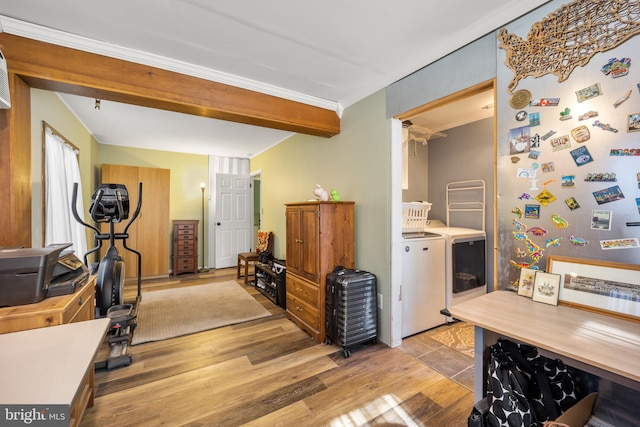 interior space with ornamental molding, light hardwood / wood-style flooring, and washer and dryer