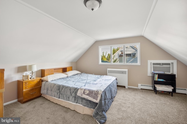 bedroom with lofted ceiling, a wall mounted AC, and carpet flooring