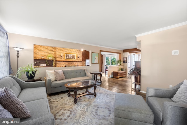 living room featuring ornamental molding and hardwood / wood-style flooring