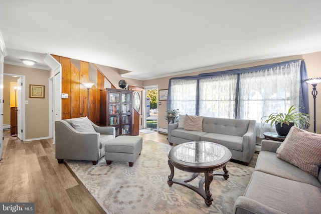 living room with ornamental molding and light wood-type flooring