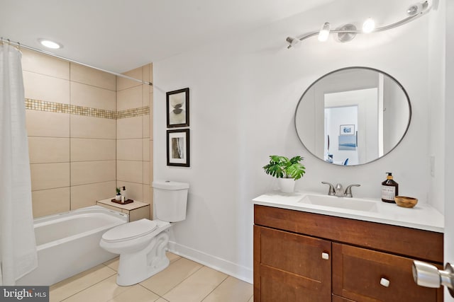 full bath with shower / tub combo, vanity, baseboards, tile patterned floors, and toilet