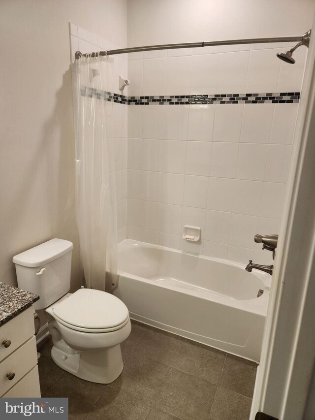 full bathroom with vanity, tile patterned flooring, toilet, and shower / bathtub combination with curtain