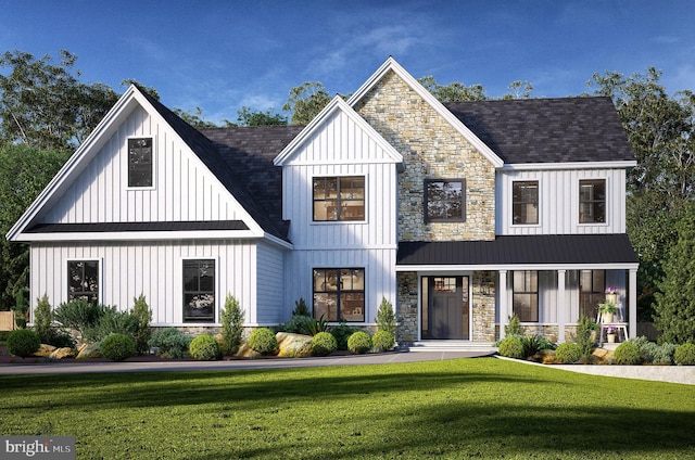 modern farmhouse featuring stone siding, a front lawn, board and batten siding, and roof with shingles