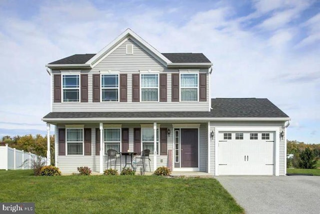 view of front of house featuring a garage, a porch, and a front yard