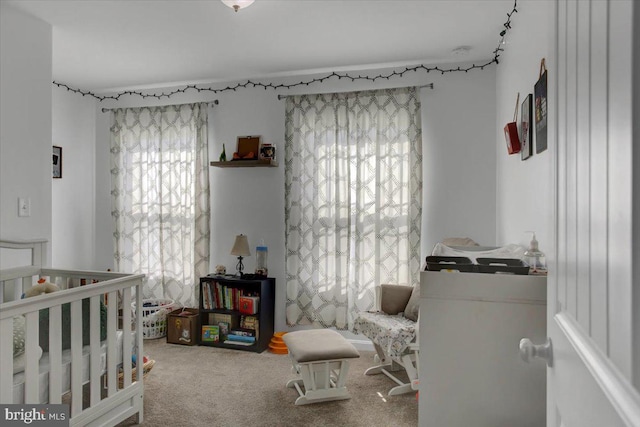 bedroom with a nursery area and carpet