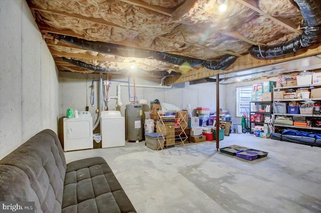 basement with independent washer and dryer and water heater