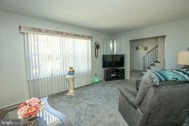 carpeted living room with a textured ceiling