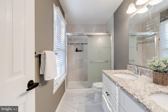 bathroom with vanity, a shower with shower door, and toilet