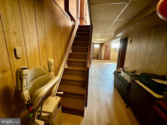 staircase with a drop ceiling, wood walls, and wood-type flooring