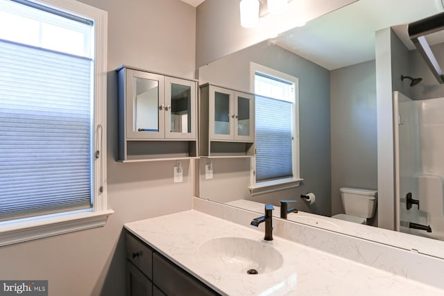 bathroom featuring vanity, toilet, and walk in shower