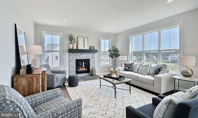 living room with a fireplace