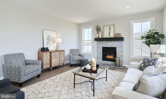 living room with a fireplace and dark hardwood / wood-style flooring