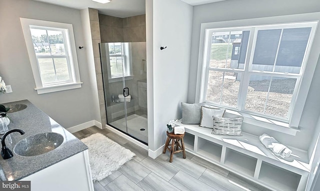 bathroom featuring vanity and an enclosed shower