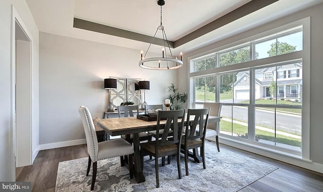 dining area with a notable chandelier, a healthy amount of sunlight, and a tray ceiling