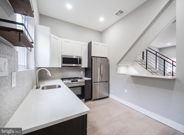 kitchen featuring light wood-type flooring, sink, backsplash, white cabinets, and appliances with stainless steel finishes